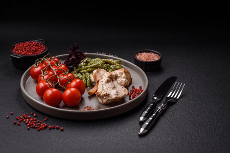 Asian food baked chicken breast with green beans, sesame seeds and sauce on dark concrete backgroundの写真素材