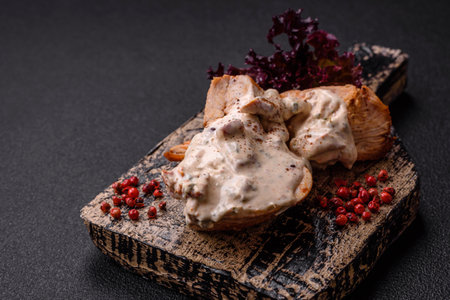 Baked chicken breast with green beans, sesame seeds and sauce on dark concrete backgroundの写真素材