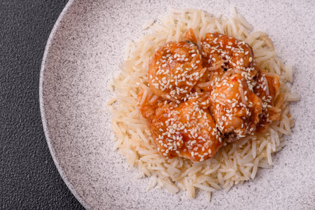 Asian food boiled rice with meat with sweet and sour sauce, spices and herbs on a dark concrete backgroundの写真素材