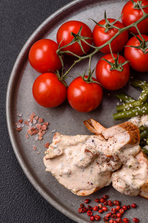 Baked chicken breast with green beans, sesame seeds and sauce on dark concrete backgroundの写真素材