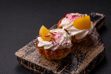 Sweet or sour cupcake with cream cheese, microgreens and filling on a dark concrete background