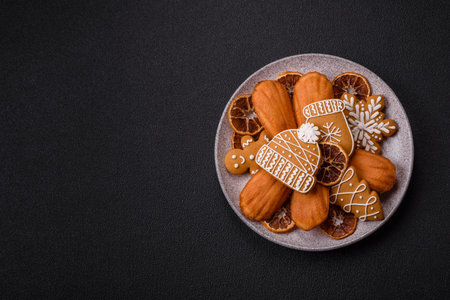 French classic sponge cake with elements of Christmas motifs. Preparing for the holidayの写真素材