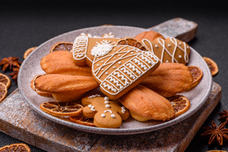 French classic madeleine sponge cake with elements of Christmas motifs. Preparing for the holidayの写真素材