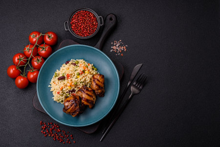 Grilled chicken or turkey shish kebab with salt, spices and herbs on a dark concrete backgroundの写真素材