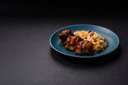 Grilled chicken or turkey shish kebab with salt, spices and herbs on a dark concrete backgroundの写真素材