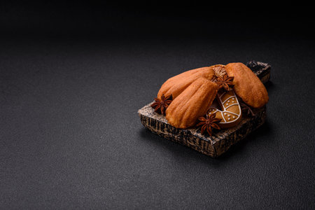 French classic madeleine sponge cake with elements of Christmas motifs.の写真素材