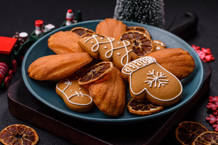 French classic madeleine sponge cake with elements of Christmas motifs. Preparing for the holidayの写真素材