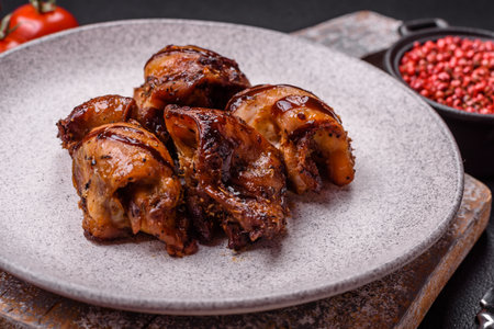 Grilled chicken or turkey shish kebab with salt, spices and herbs on a dark concrete backgroundの写真素材