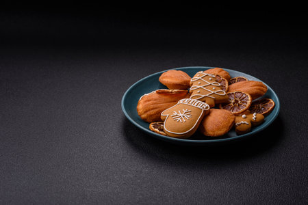 Classic madeleine sponge cake with elements of Christmas motifs. Preparing for the holidayの写真素材