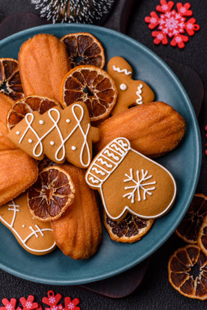 French classic madeleine sponge cake with elements of Christmas motifs.の写真素材