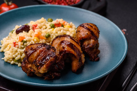 Grilled chicken or turkey shish kebab with salt, spices and herbs on a dark concrete backgroundの写真素材