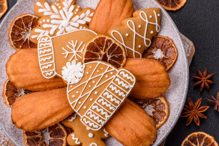 French classic madeleine sponge cake with elements of Christmas motifs. Preparing for the holidayの写真素材