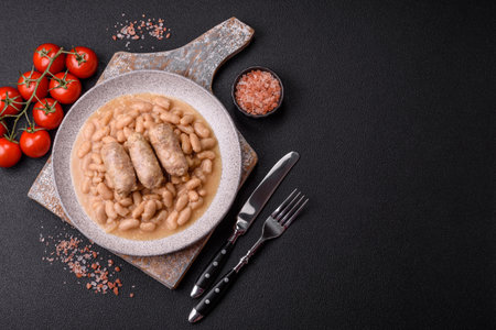 Cassoulet with white beans, meat and sausages, vegetables, salt and spices as a classic French foodの写真素材