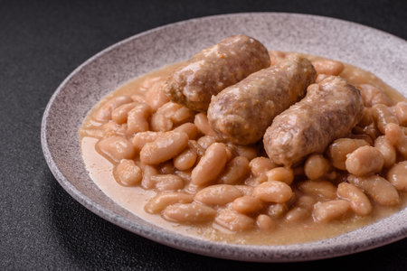 Cassoulet with white beans, meat and sausages, vegetables, salt and spices as a classic French foodの写真素材