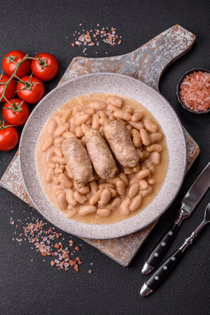 Cassoulet with white beans, meat and sausages, vegetables, salt and spices as a classic French foodの写真素材