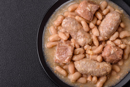 Cassoulet with white beans, meat and sausages, vegetables, salt and spices as a classic French foodの写真素材