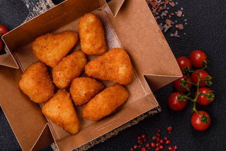 Breaded camembert or brie cheese baked in the form of nuggets with salt and spices on a dark...
