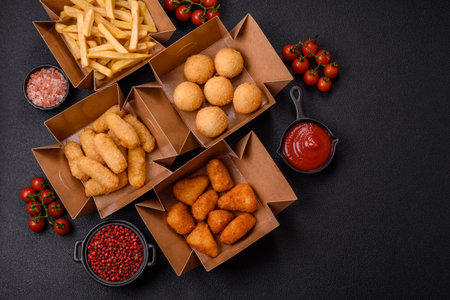 French fries, brie fries, cheese balls, cheese sticks and chicken nuggets on a dark concrete backgroundの写真素材
