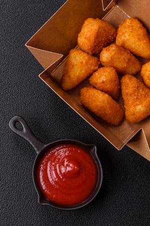 Breaded camembert or brie cheese baked in the form of nuggets with salt and spices on a dark concrete backgroundの写真素材