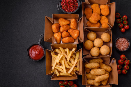Fast food French fries, brie fries, cheese balls, cheese sticks and chicken nuggets on a dark...