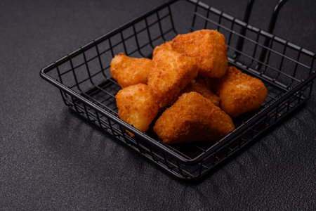 Breaded camembert or brie cheese baked in the form of nuggets with salt and spices on a dark concrete backgroundの写真素材
