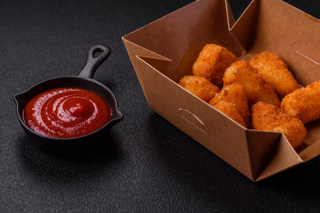 Breaded camembert or brie cheese baked in the form of nuggets with salt and spices on a dark concrete backgroundの写真素材