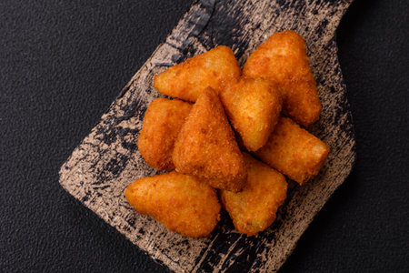 Breaded camembert or brie cheese baked in the form of nuggets with salt and spices on a dark concrete backgroundの写真素材