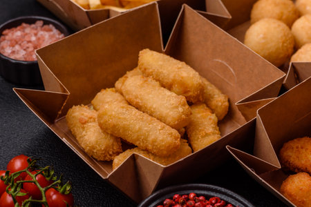 French fries, brie fries, cheese balls, cheese sticks and chicken nuggets on a dark concrete backgroundの写真素材