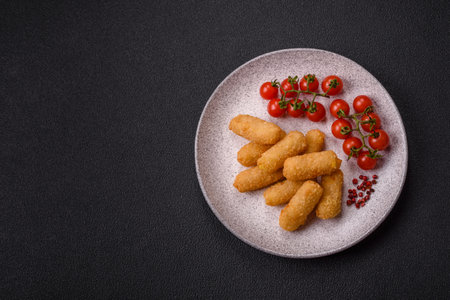 Breaded cheese sticks with salt and spices on a dark concrete backgroundの写真素材