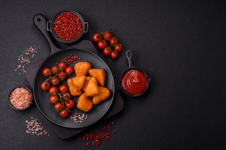 Breaded camembert or brie cheese baked in the form of nuggets with salt and spices on a dark...