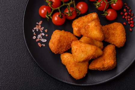 Breaded camembert or brie cheese baked in the form of nuggets with salt and spices on a dark concrete backgroundの写真素材