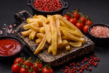 Fast food French fries with salt and spices on a dark concrete backgroundの写真素材