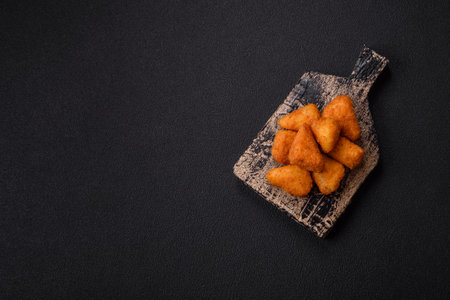 Breaded camembert or brie cheese baked in the form of nuggets with salt and spices on a dark concrete backgroundの写真素材