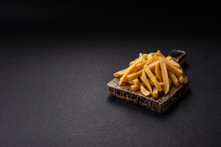 Fast food French fries with salt and spices on a dark concrete backgroundの写真素材