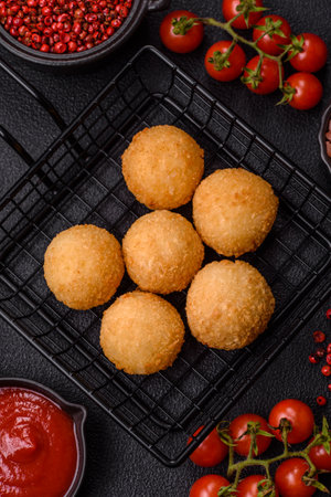 Fast food cheese balls breaded with salt and spices on a dark concrete background