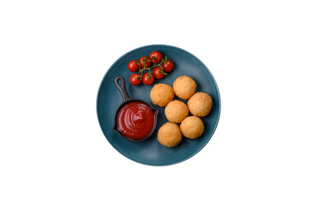 Fast food cheese balls breaded with salt and spices on a dark concrete backgroundの写真素材