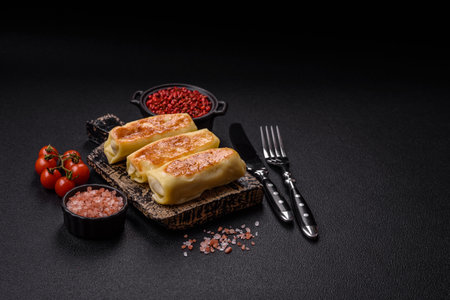 Sweet or savory crepe with different fillings for a hearty breakfast on a dark concrete background