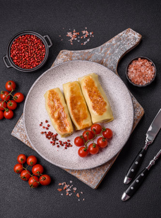 Sweet or savory crepe with different fillings for a hearty breakfast on a dark concrete backgroundの写真素材