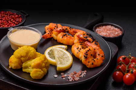 Boiled tiger prawns with white sauce and lemon on a dark concrete backgroundの写真素材