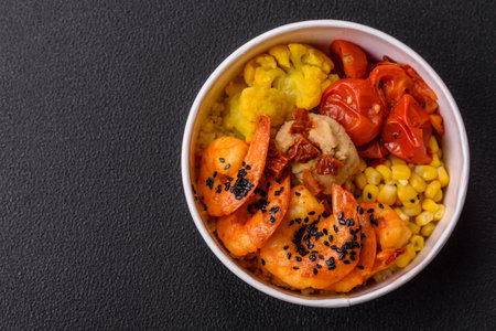Boiled tiger shrimps with porridge, tomatoes and corn on a dark concrete backgroundの写真素材