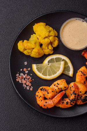 Boiled tiger prawns with white sauce and lemon on a dark concrete backgroundの写真素材