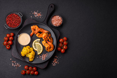 Boiled tiger prawns with white sauce and lemon on a dark concrete backgroundの写真素材