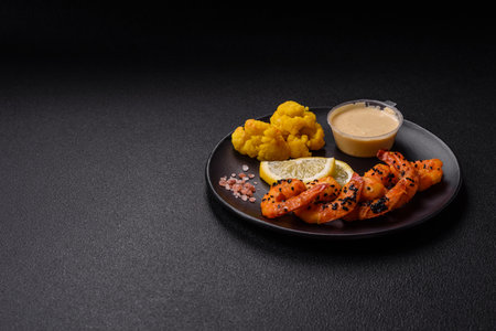 Boiled tiger prawns with white sauce and lemon on a dark concrete backgroundの写真素材