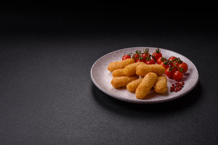 Breaded cheese sticks with salt and spices on a dark concrete backgroundの写真素材
