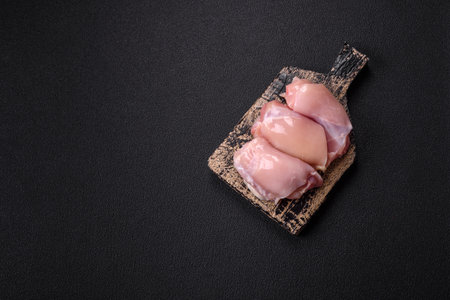 Chicken fillet on a dark concrete table. Preparation for cooking meat dishesの写真素材