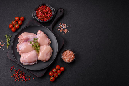 Fresh chicken fillet on a dark concrete table with spices and herbs. Preparation for cooking meat dishesの写真素材