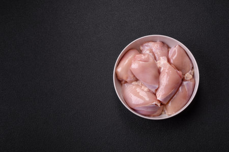 Fresh chicken fillet on a dark concrete table with spices and herbs. Preparation for cooking meat dishesの写真素材