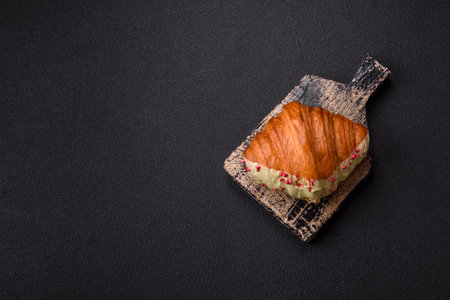 Crispy sweet red croissant with pistachio, raspberry and strawberry on a dark backgroundの写真素材