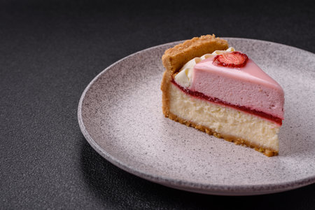 Sweet cheesecake with mascarpone or Philadelphia cheese, jelly and strawberries on a dark textured backgroundの写真素材