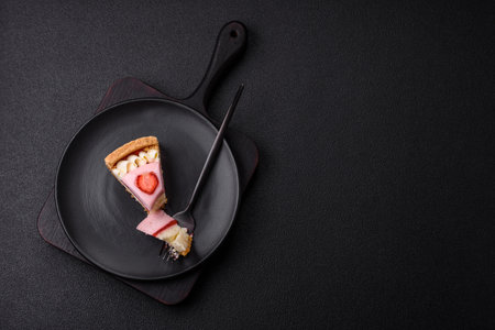 Sweet cheesecake with mascarpone or Philadelphia cheese, jelly and strawberries on a dark textured backgroundの写真素材